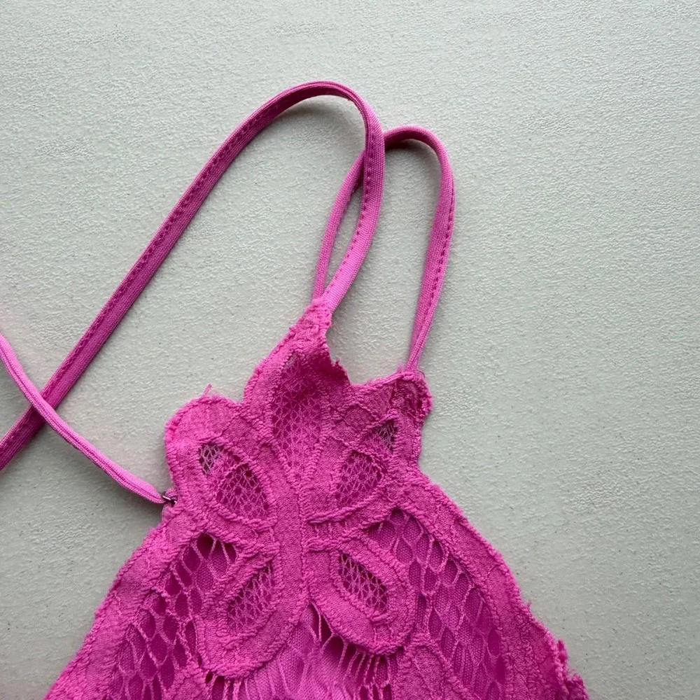 Willow & Root Womens L Magenta Pink Floral Lace Bralette Smocked Adjustable Boho